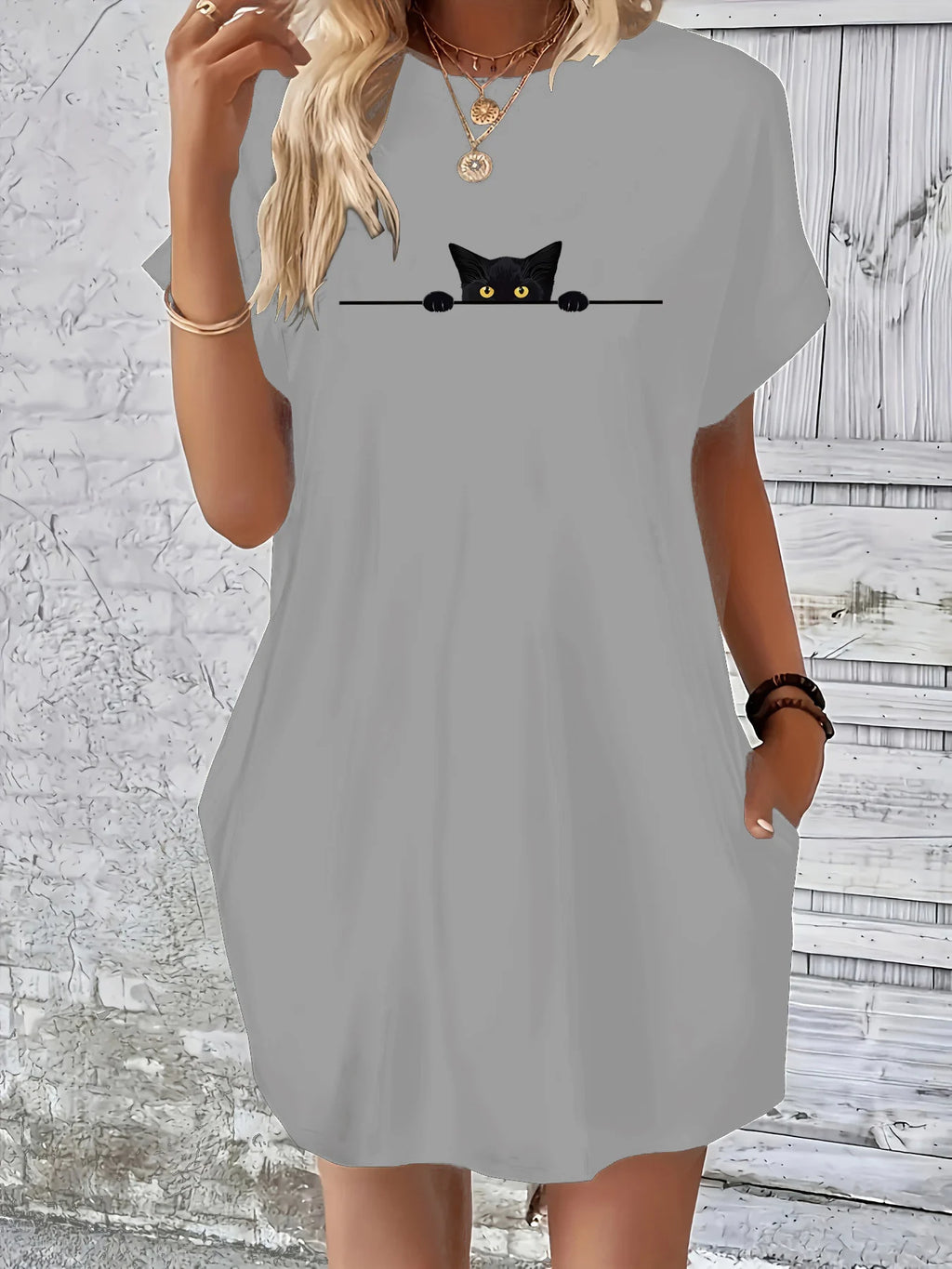 Women's Summer Loose Large Personalized Cat Pattern Printed Round Neck Short Sleeve Pocket Comfortable Casual Dress