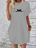 Women's Summer Loose Large Personalized Cat Pattern Printed Round Neck Short Sleeve Pocket Comfortable Casual Dress