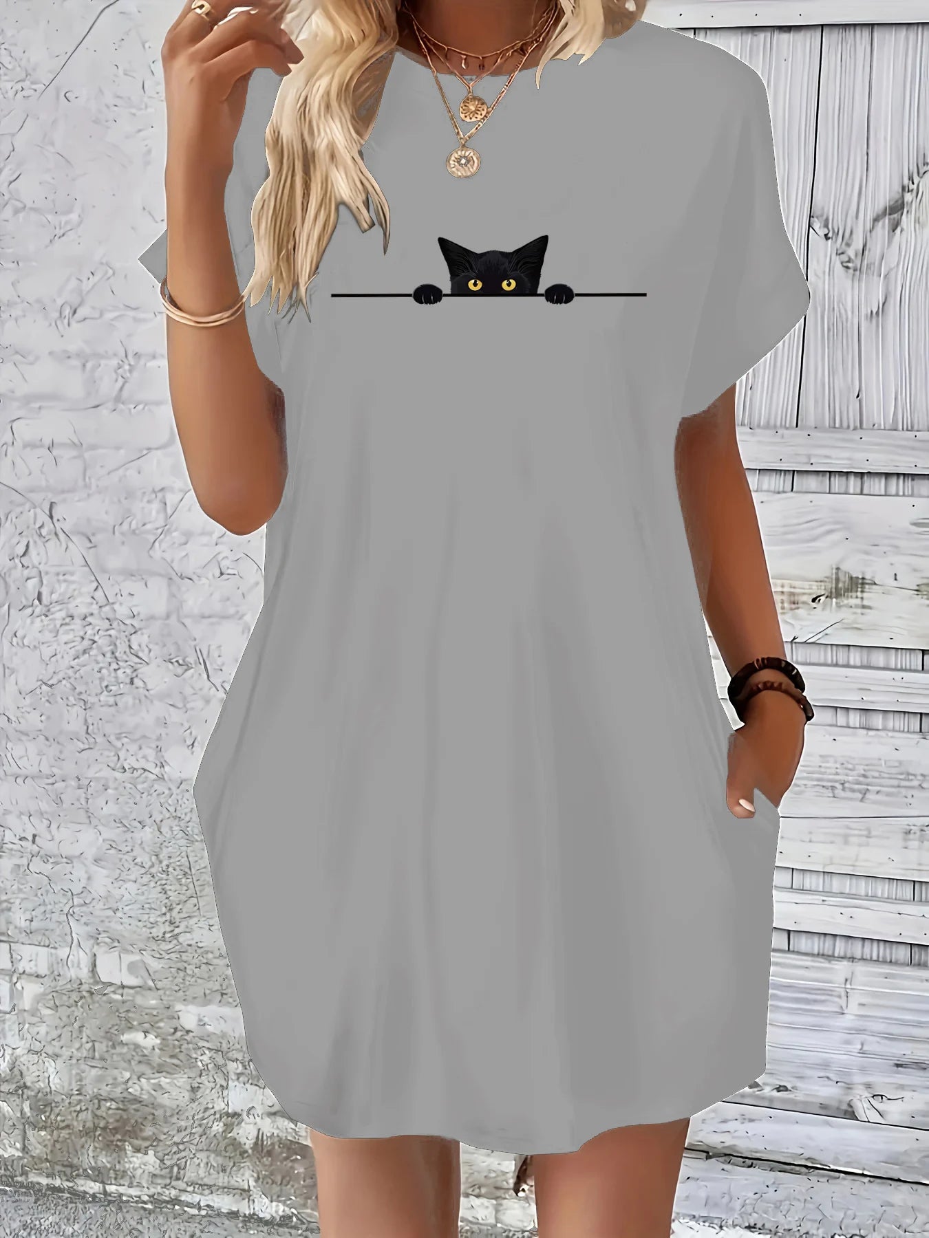 Women's Summer Loose Large Personalized Cat Pattern Printed Round Neck Short Sleeve Pocket Comfortable Casual Dress
