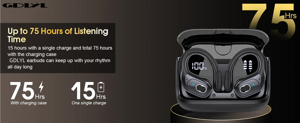 Bluetooth 6.0 Headphones HD65 Wireless Earbuds 75hrs Sport Bluetooth Earphone with Noise Cancelling Mic IPX7 Waterproof Headsets