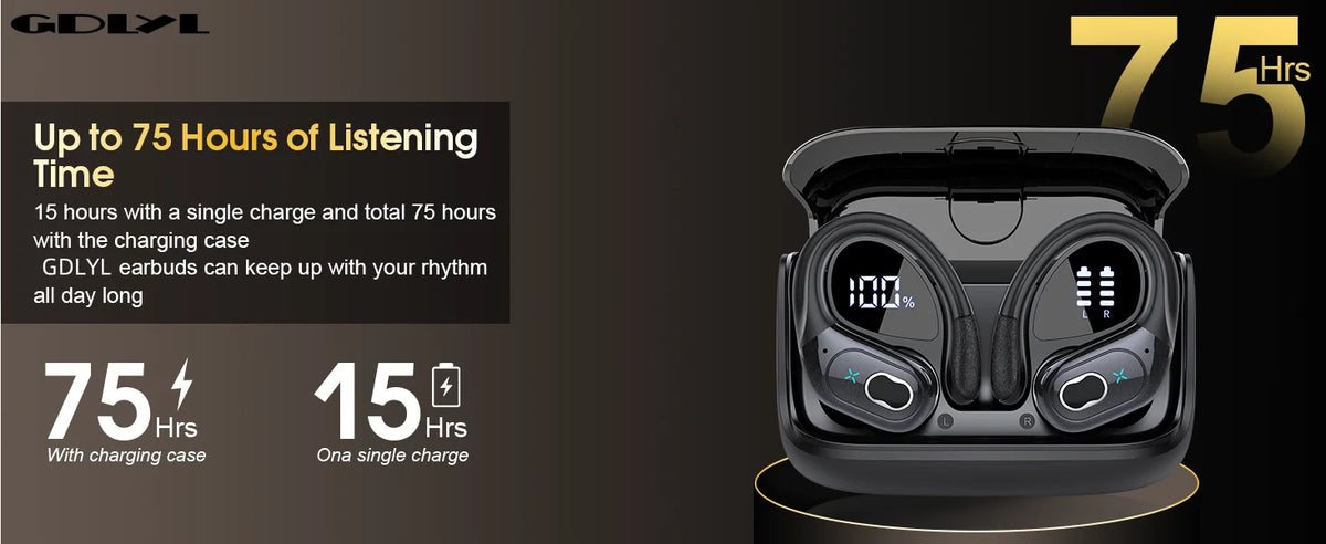 Bluetooth 6.0 Headphones HD65 Wireless Earbuds 75hrs Sport Bluetooth Earphone with Noise Cancelling Mic IPX7 Waterproof Headsets