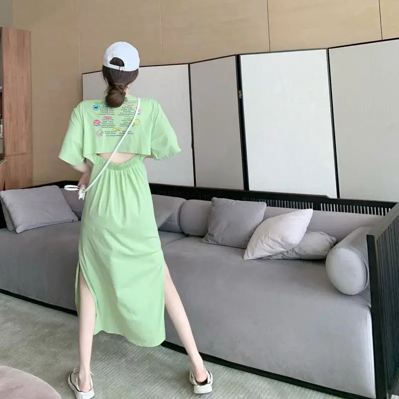 Summer Backless Split Hem Midi Dress Round Neck Short Sleeve Printing Ladies Dresses Korean Fashion Women Clothing