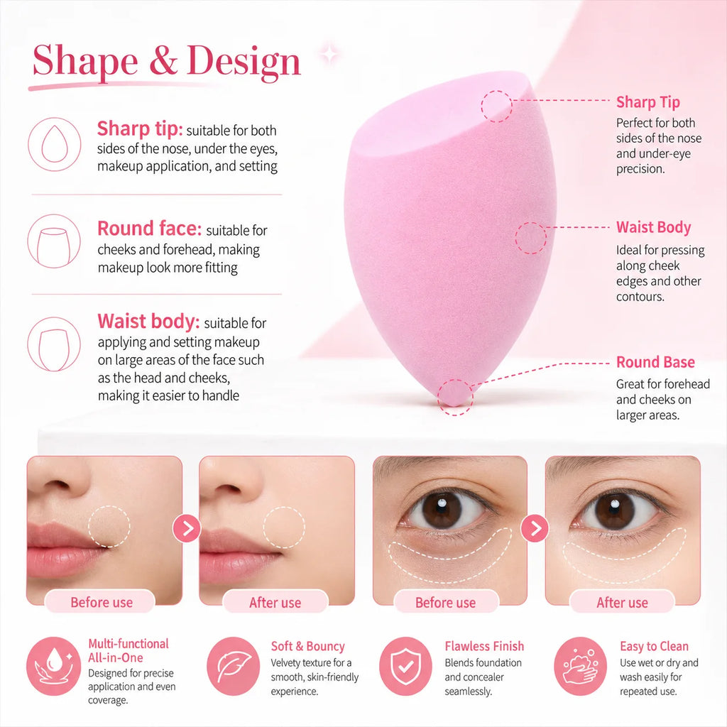 6 Beauty Egg Sets, Easily Smudge the Foundation and conceal the Blemishes, and Evenly Apply Makeup on the Curved Section.