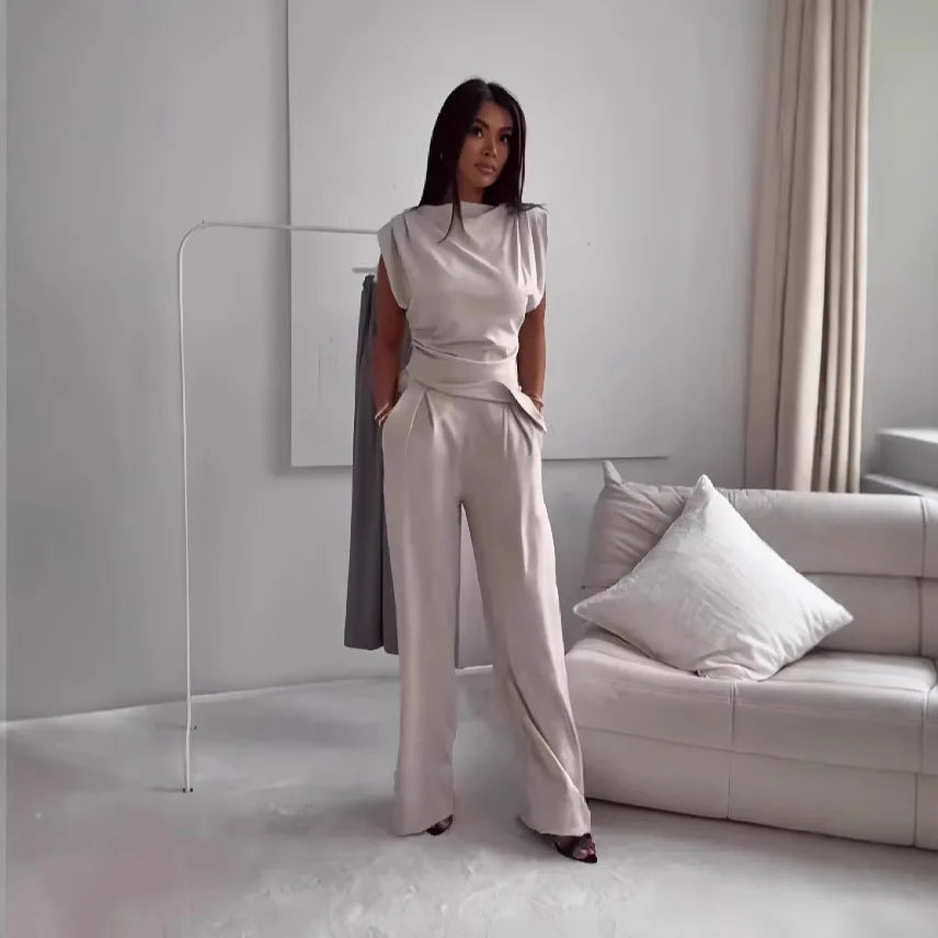 Women's Sleeveless Asymmetric Top & Wide Leg Pants Set Solid Color High Waist Casual Two Piece Outfit Office Lady Simple Set
