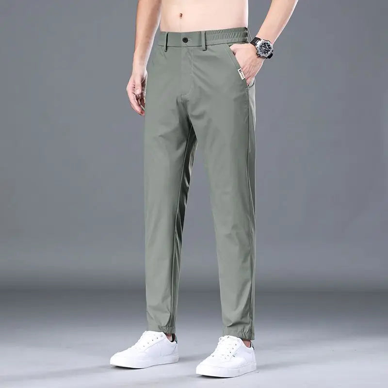 High Elasticity Ice Silk Casual Pants Men's Summer Thin Style Quick Dry Fashion Business Straight Leg Pants