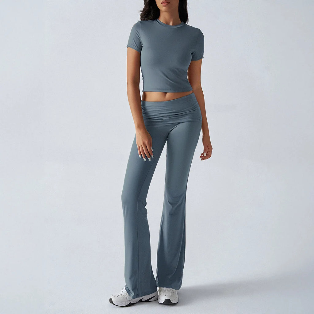 Women's Sexy Tops Suits 2026 Summer Latest Casual Solid Color Yoga Suit Slim Fit Sports Short Sleeved Pants Two-Piece Set Outfit