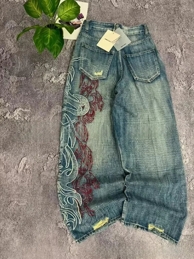 Y2K American New Pattern Embroidery Baggy Jeans Couple Pants mid Waist Straight Leg Loose Fit Teenager Jeans Casual Trousers