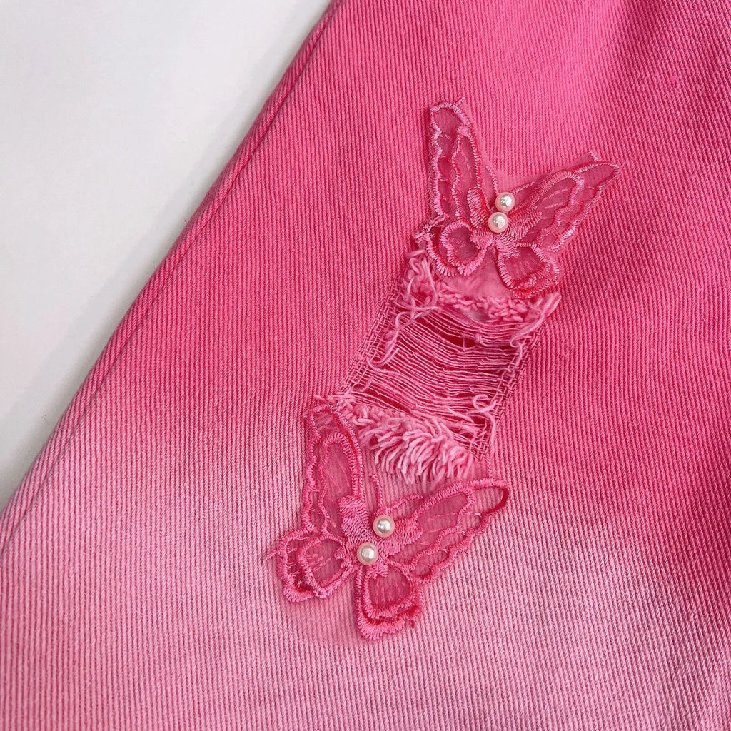 2025 Summer New Girls Clothing Set Bow Sleeveless Vest+Butterfly Decoration Gradient Ripped Jeans 2Pcs For 3-8Y Fashion Outfit