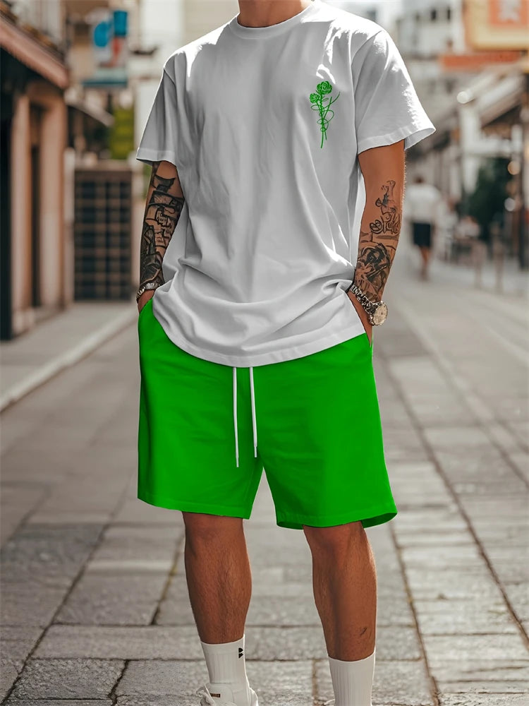 2025 Summer New Two-piece Men's Casual Striped Pattern Printed Short-sleeved T-shirt And Sports Shorts Suit Fitness Sports Suit