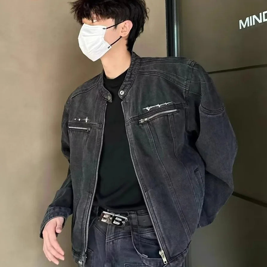 American Vintage Washed Cropped Denim Jacket, Metal Collarless Jacket For Men