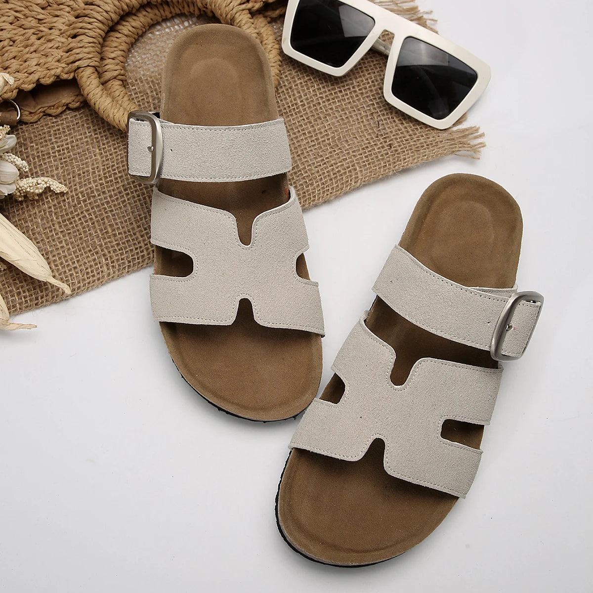 Summer Fashion Suede Slippers With Arch Support Outdoor Classic Adjustable Buckle Beach Slide Women's Cork Clogs Sandals