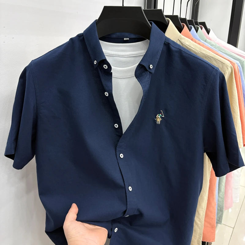 Short Sleeved Shirt Men's Summer New Item Pure Cotton High-end Brand Little Horse Logo Embroidered Casual Shirt