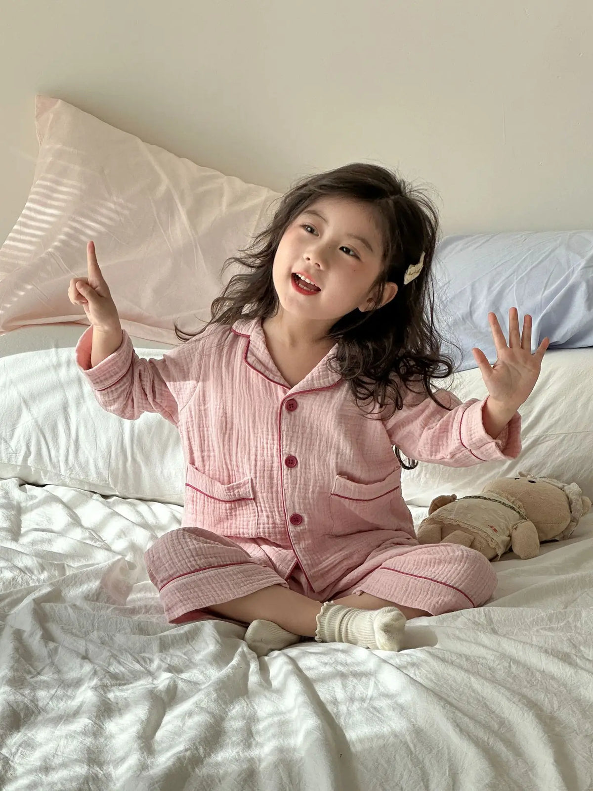2026 New Children's Cotton Pajamas Set Soft Loose Boys Girls Clothing Turn-down Collar Button Shirt Trousers 2 Pcs Suit Pijamas