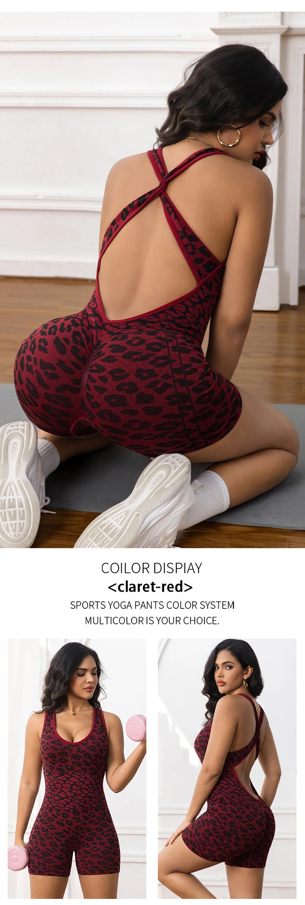 Women Leopard Print Seamless Bodysuit Yoga Cross Back Jumpsuit Workout Romper High Stretch Fitness Tummy Control Onesies
