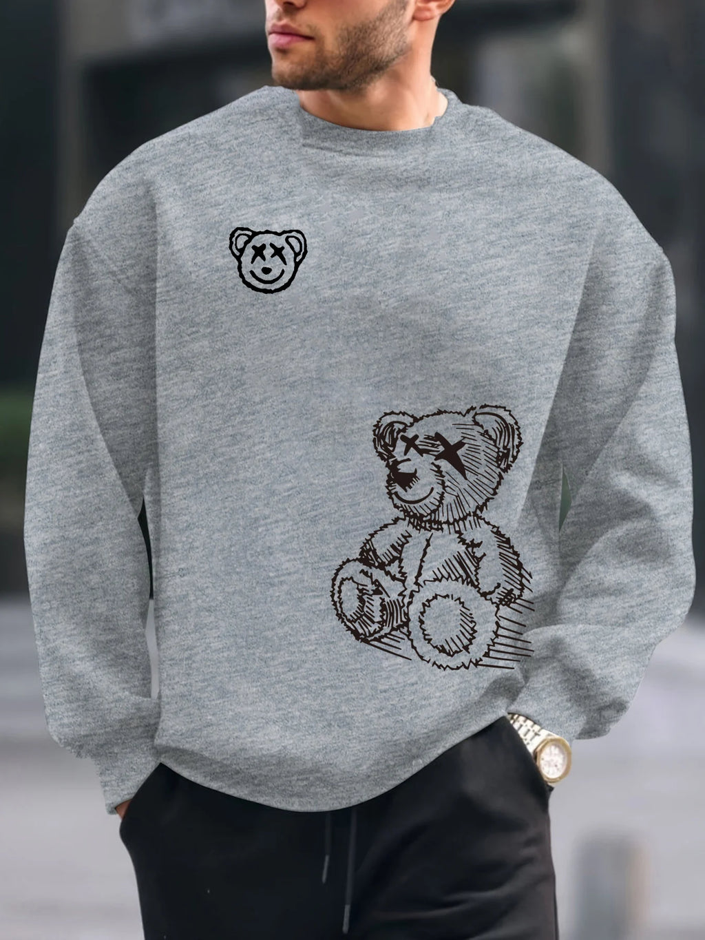 Men's autumn and winter fashionable casual loose cartoon bear graphic printed long sleeved round neck sweatshirt
