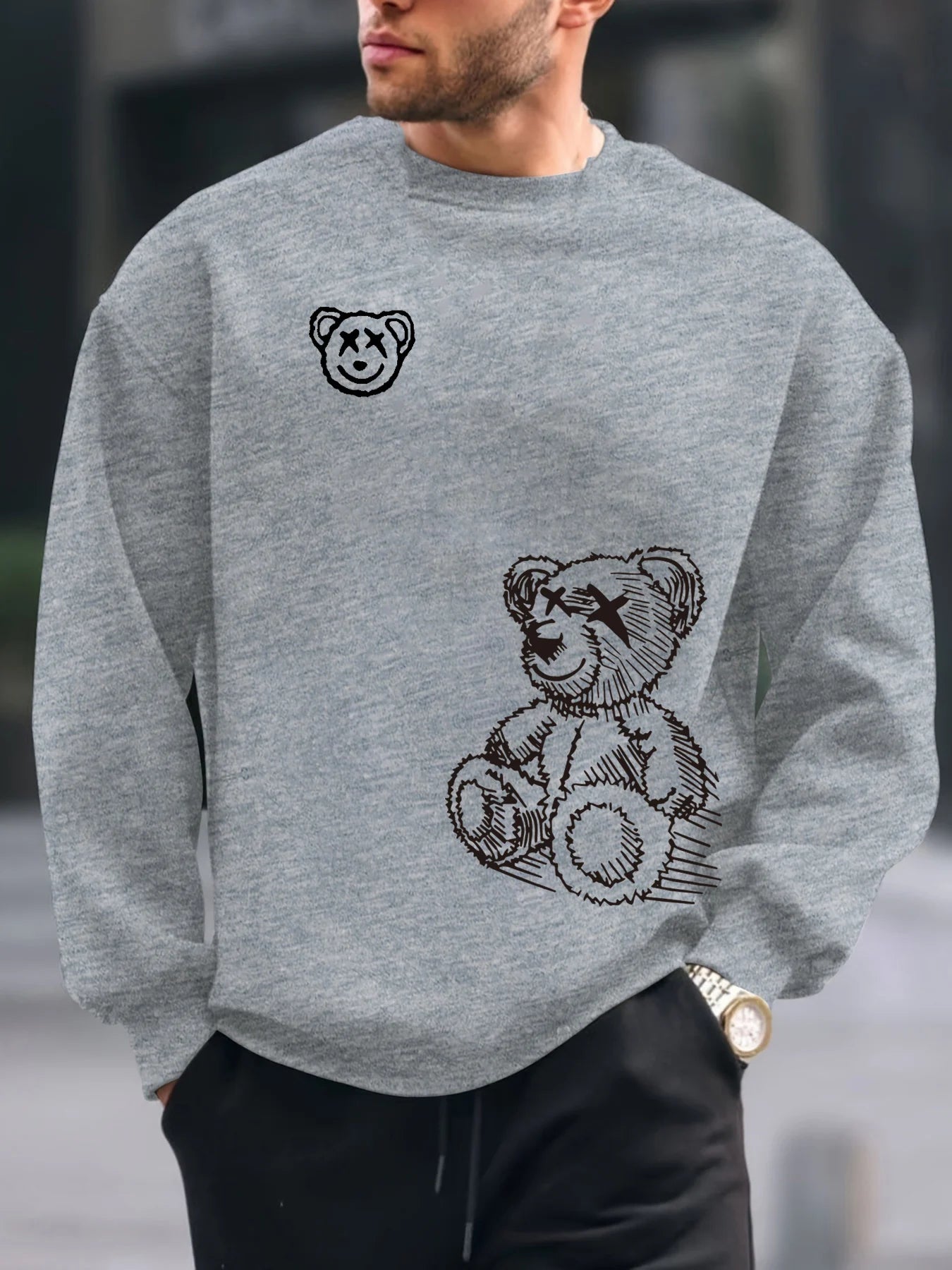 Men's autumn and winter fashionable casual loose cartoon bear graphic printed long sleeved round neck sweatshirt