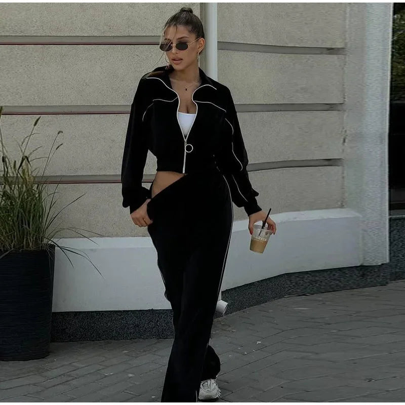 Women's Casual Solid Color Two-piece Short Stand-up Collar Jacket Wide-leg Pants 2026 Street Style Women's Clothing Set