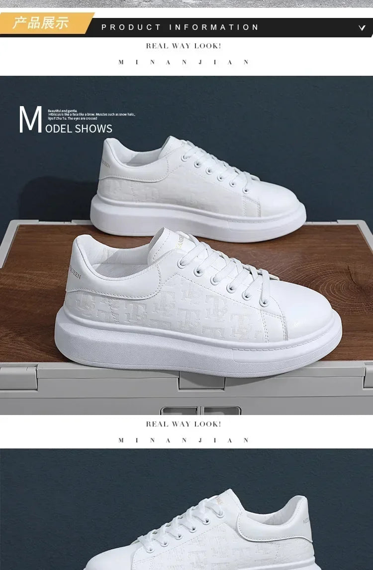 2026 Men's Casual Shoes Spring and Autumn Flat-soled Casual Leather Shoes Sports Shoes Black and White Men's Thick-soled Shoes