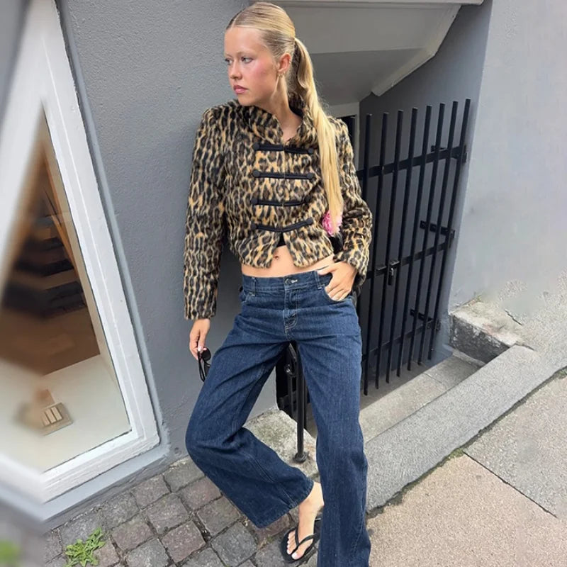 Women Leopard Print Faux Fur Jacket Mandarin Collar Chinese Frog Closure Cropped Vintage Y2K Slim Fit Coat Ladies Outerwear
