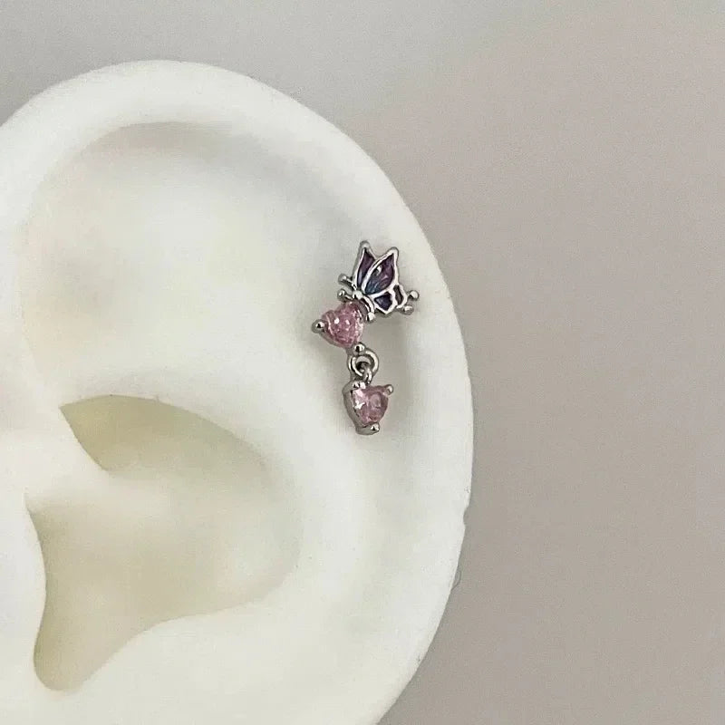 1 PCS New Fashion Cute Pink Zircon Crystal Ear Bone Nail 316L Medical Titanium Steel Earrings for Women Y2K Punk Jewelry