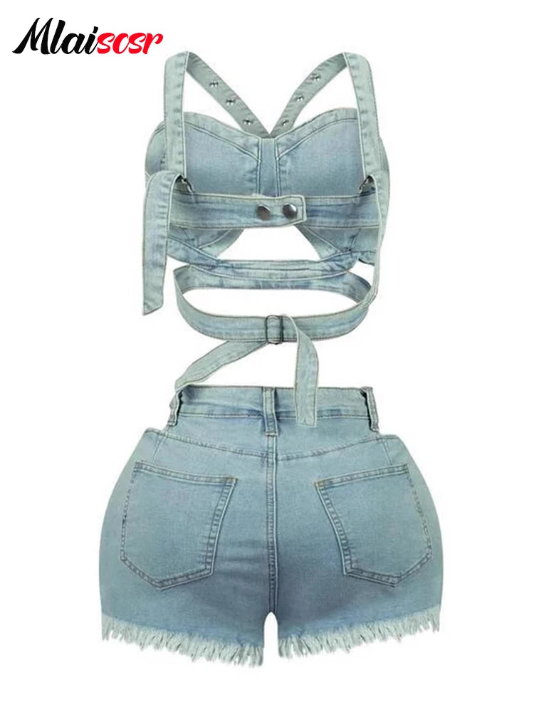 Mlaiscsr Denim 2 Piece Set Women Jeans Suits Sexy Hollow Out Bandage Tank Crop Tops and Shorts Beach Party Y2K Night CLubwear