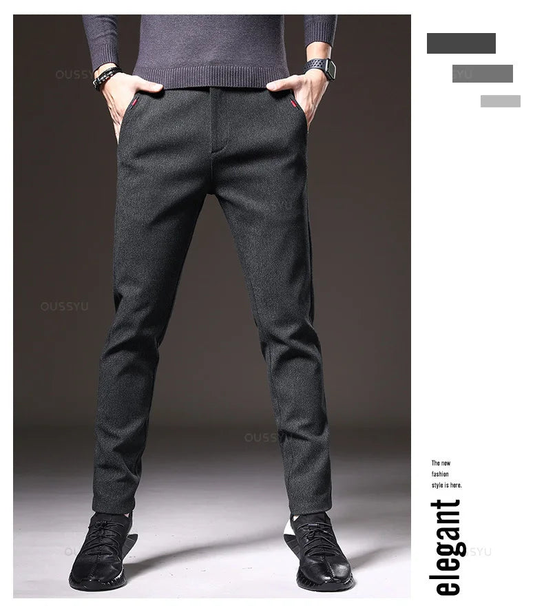 Autumn  Winter New Classic Casual Pants Men Thick Business Korea Slim Fit Stretch Gray Blue Black Brushed Fabric Trousers Male