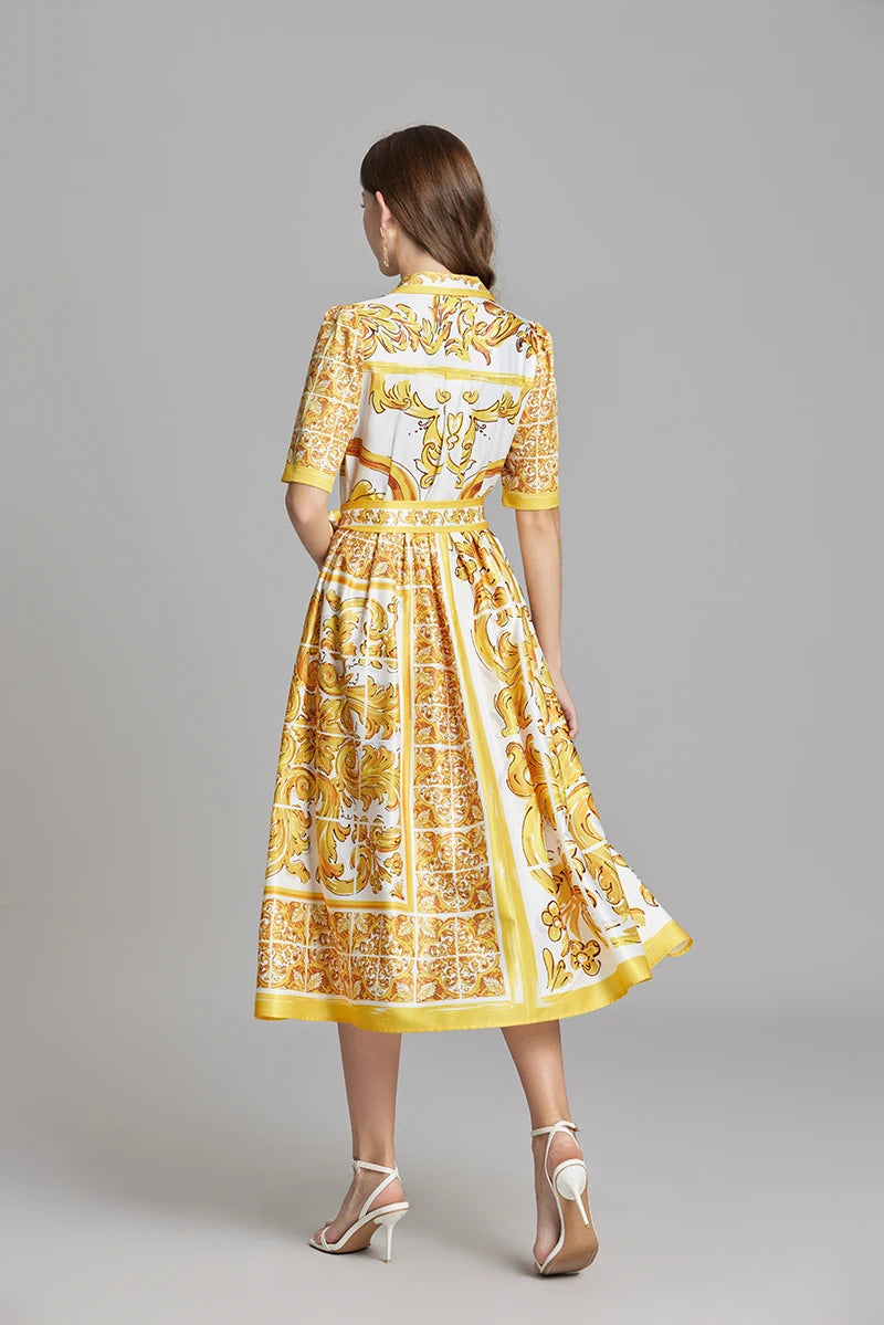 Summer Holiday Yellow Paisley Print Shirt Dresses Women's Turn Down Neck Short Sleeve Belt High Waist Beach Party Vestidos