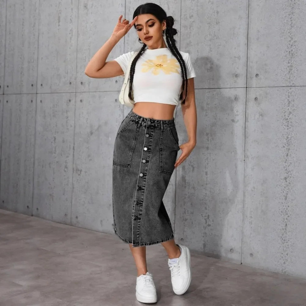Women High Waist Stretchy Denim Pencil Skirt Midi Length Knee-Length Slit Bodycon Flattering Casual Daily Streetwear