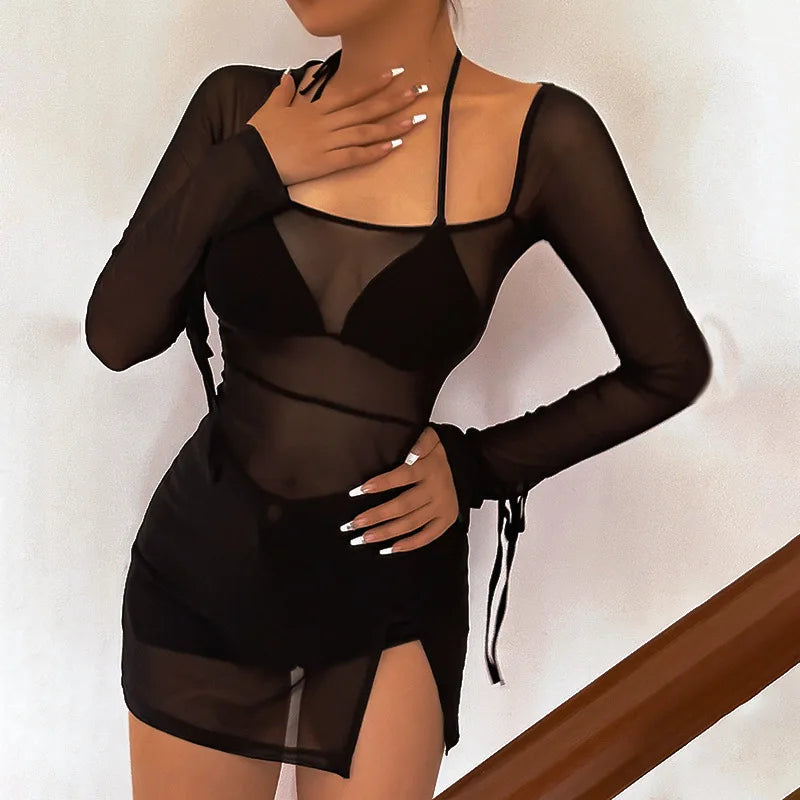 Women's Square Collar Mini Dress Y2K Gauze Long Sleeve Sheer Sexy Night Outfit Clubwear Solid Color