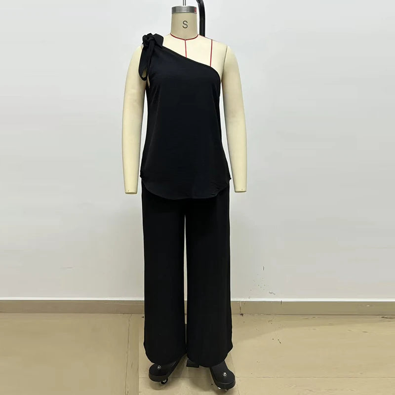 Elegant Lace Up Sleeveless T Shirts Vest High Waist Loose Pants Suit Women Casual Two Piece Set Fashion Holiday Outfits