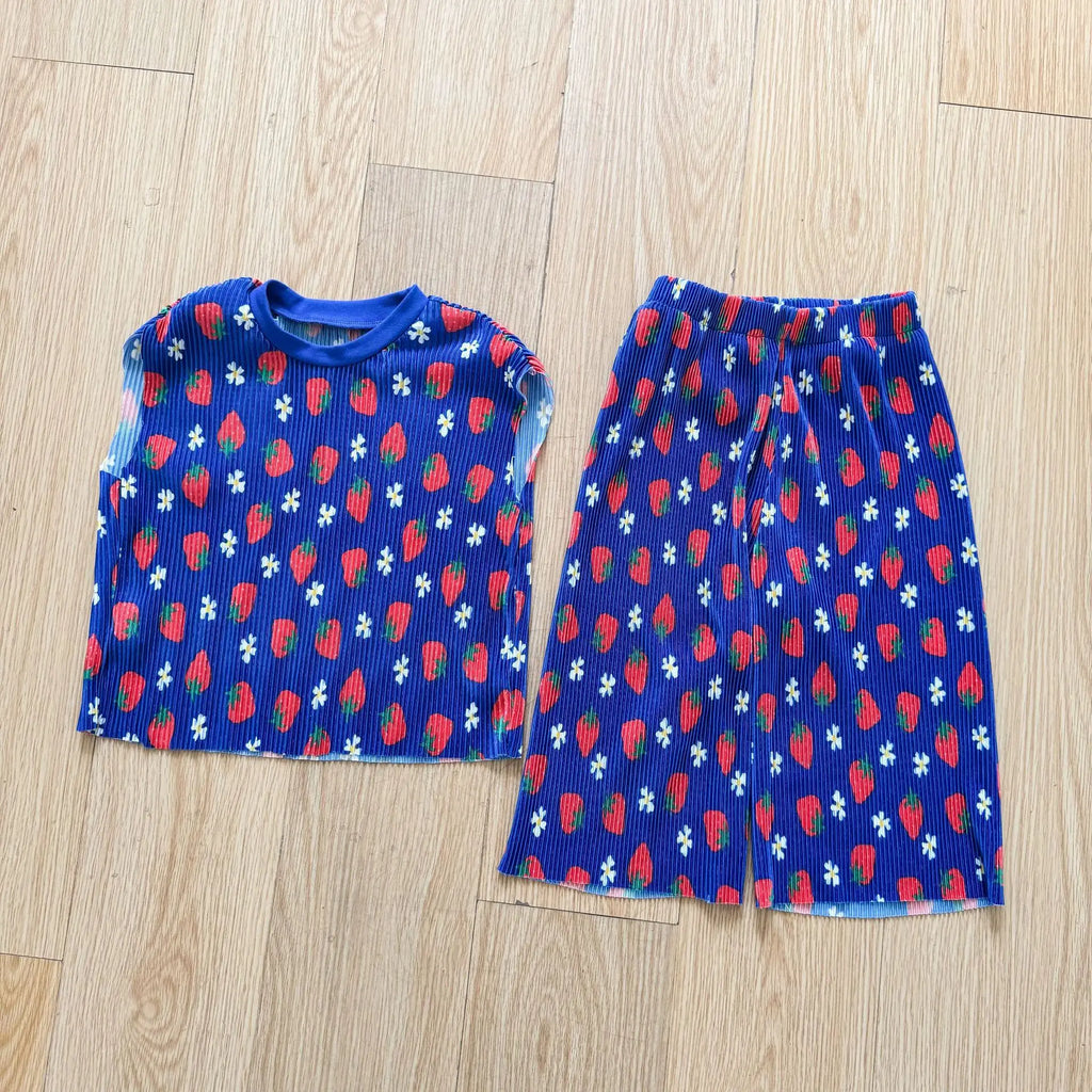 2026 New Infants Kids Matching Clothing Set Cartoon Print Pleated 2 Pieces Suit Tank Top Trousers Soft Loose Streetwear Homewear