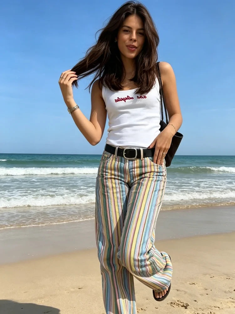 Multicolor Striped High Waisted Pants Straight Leg Retro Full Length Colorful Trousers 2026 Spring Casual Fashion Daily Wear