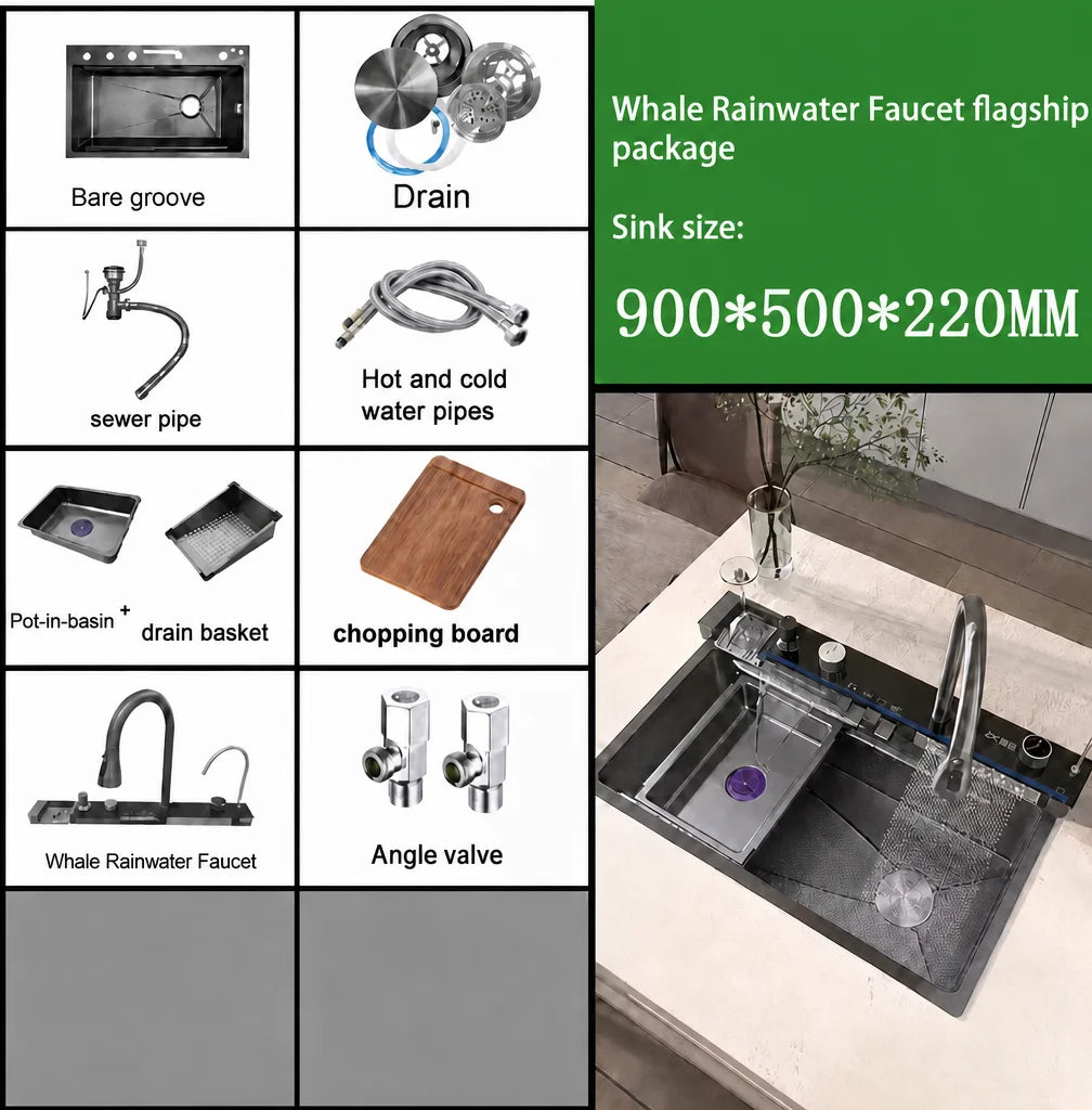 Hot Selling Stainless Steel Waterfall Kitchen Sink With Knife Holder Digital Display Faucet Set Embossed Extra Large Single Slot