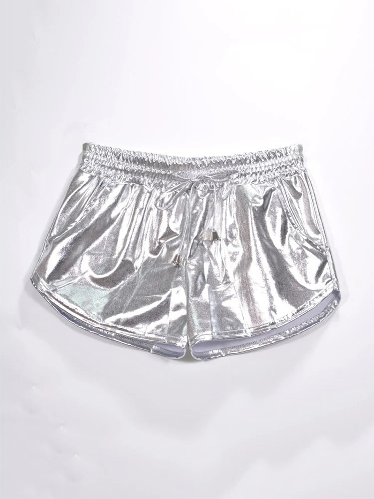 Women Shiny Metallic Hot Shorts Summer Holographic Wet Look Casual Elastic Drawstring Festival Rave Booty Shorts