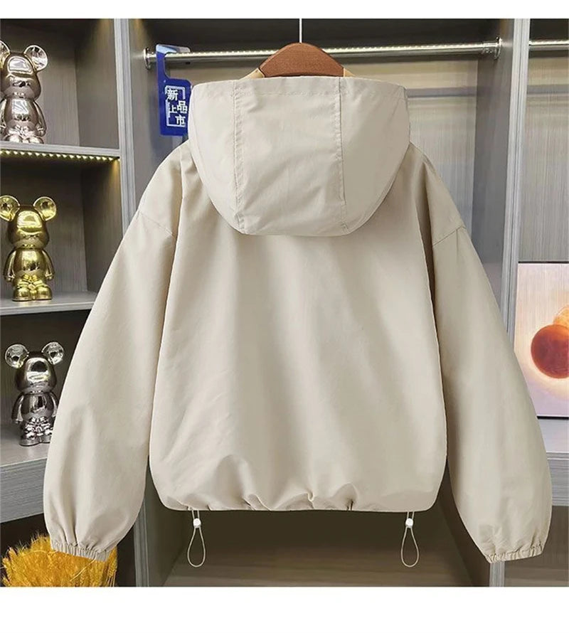 2026 Autumn Women's Coat Hooded Jacket Long Sleeve Zipper Pockets Casual Windbreaker Basic Jackets Outerwear Splicing Hooded E25