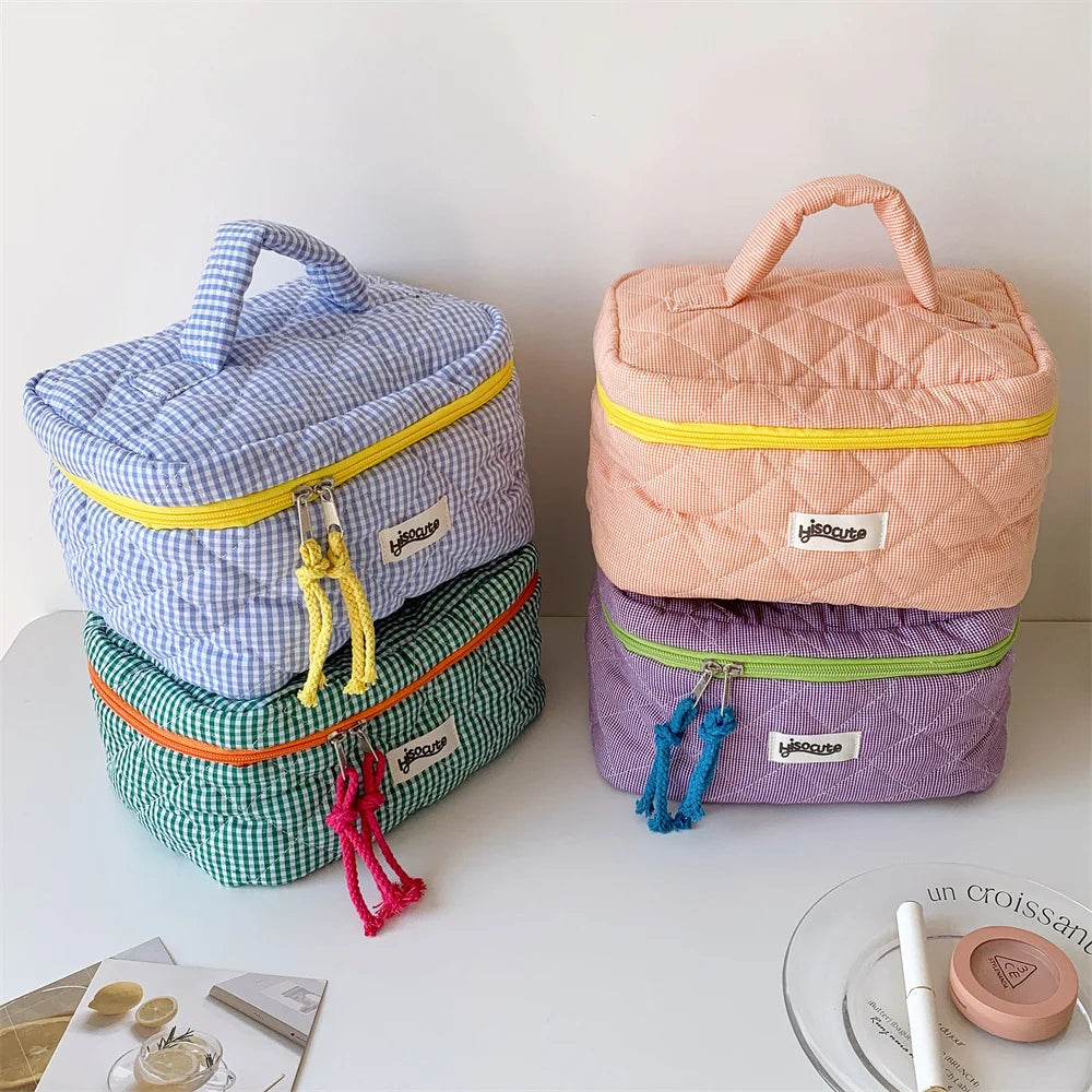 Plaid Cosmetic Bag Set Simple Style Large Capacity Portable Cosmetic Tools Storage Bag for Home Bathroom Toiletry Bag