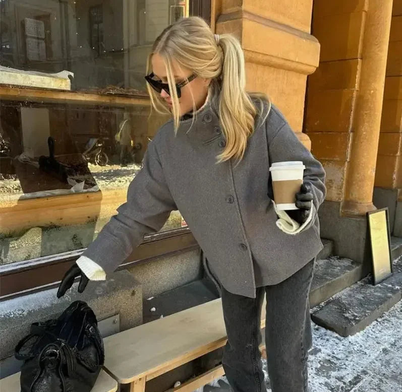 Autumn Stand Collar Jackets for Women Loose Woolen Fabric Single-breasted Coat Women Solid Color Versatile Short Jacket Women