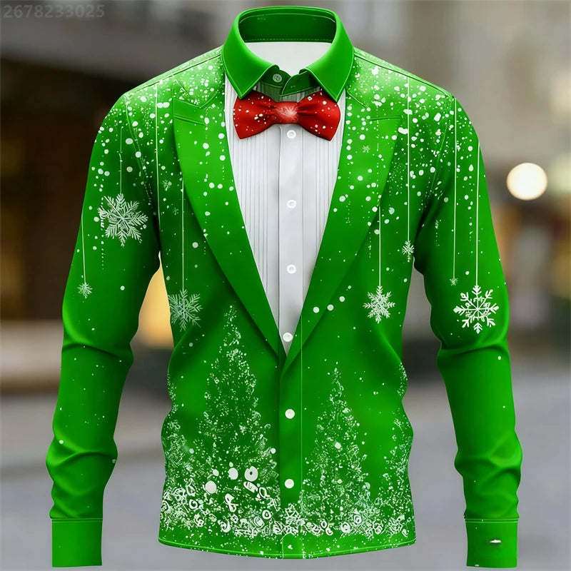 Red Christmas Shirts For Man Snowflake Bow Tie Christmas Shirt Long Sleeve Fashion Holiday Gift Shirt Oversized Mens Clothing
