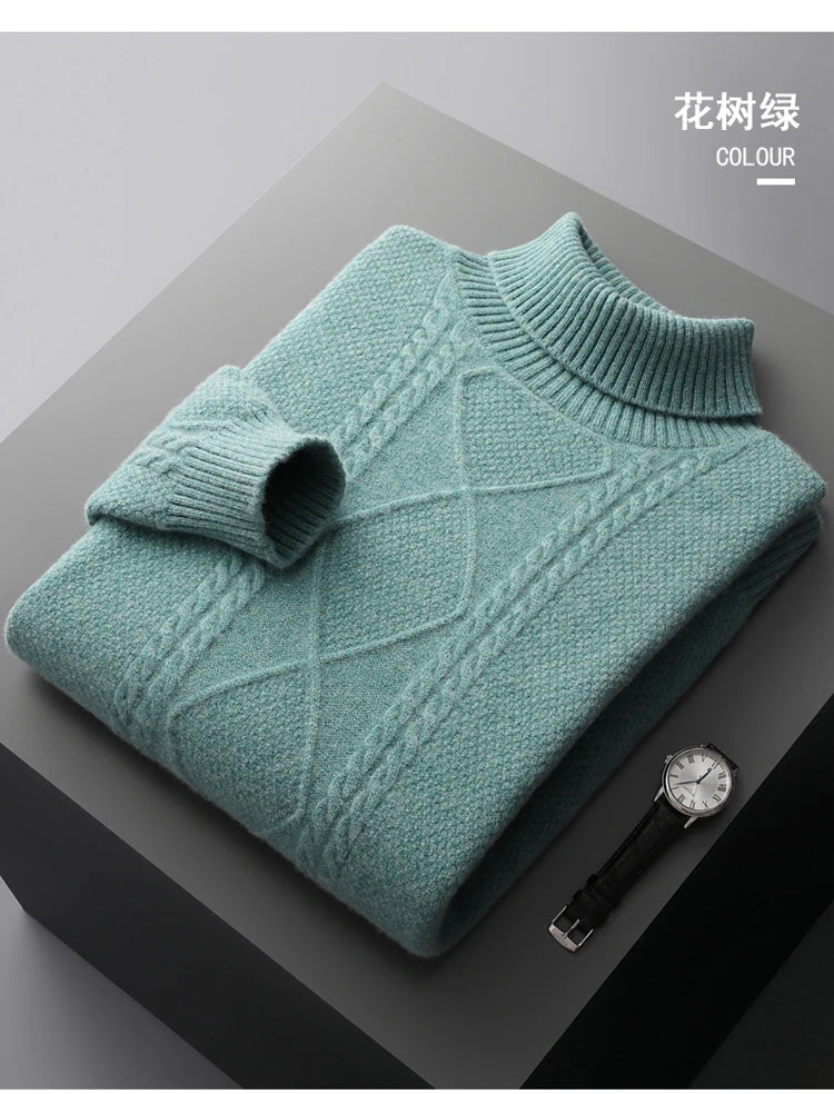 2025 Winter Turtleneck 100% Merino Wool Knitted Sweater Men's Lapel Jacquard Thicken Pullovers Fashion Loose High-End Base Shirt