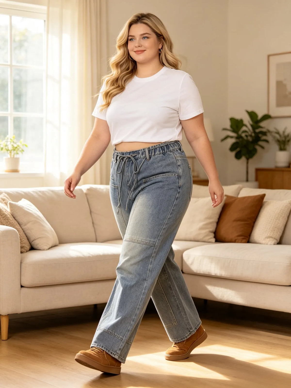 【HME】Jeans | Drawstring Elastic High Waist Denim Pants, Cargo Patch Pockets With Contrast Stitching Wide Leg Denim, Light Wash Vintage Fabric, Relaxed Fit Flattering Pants For Women Daily Commute & Streetwear