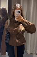 Women Vintage Cropped Coat Stand Collar Waist Slim Belt Double-breasted Jacket 2026 Autumn Winter Commute Office Party Outerwear