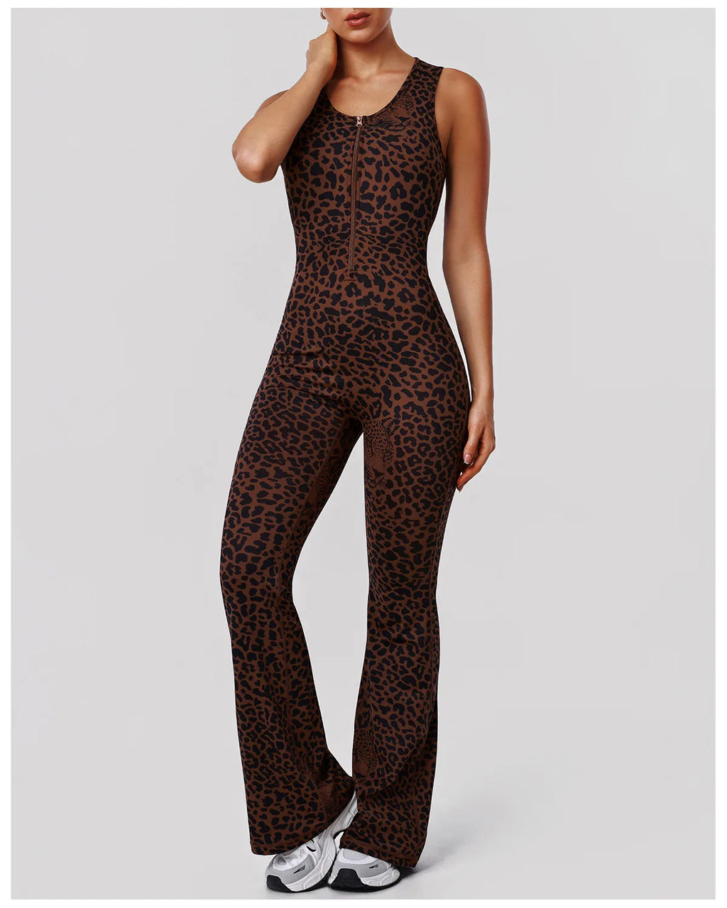 Greenora Leopard Print Yoga Jumpsuit Sleeveless Backless Flare Romper High Waist Slimming Athletic Bodysuit for Workout Fitness