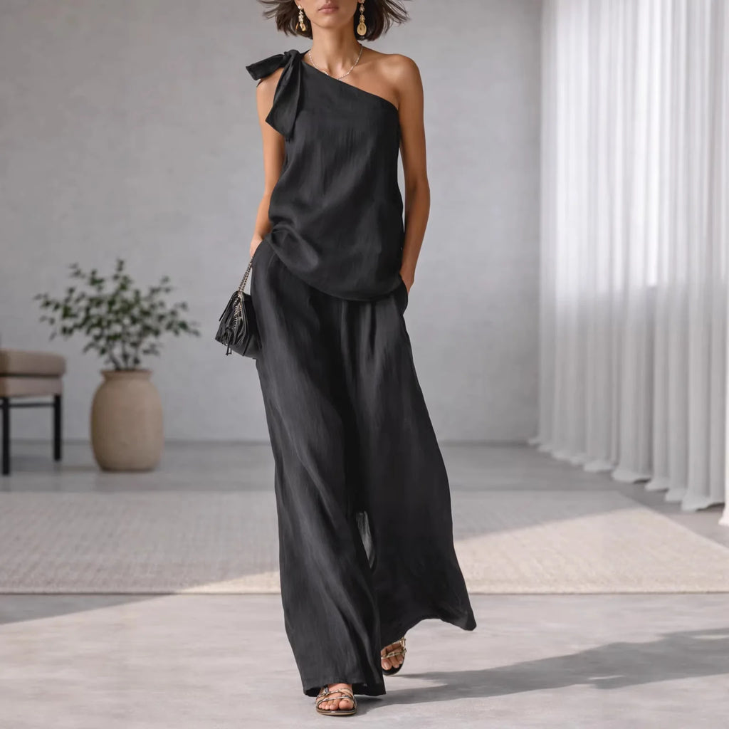 Summer Sexy Off Shoulder Tank Tops And Wide Leg Pants Two Piece Sets Casual Loose Solid High Waist Pants Sets Lace Tops Outfits