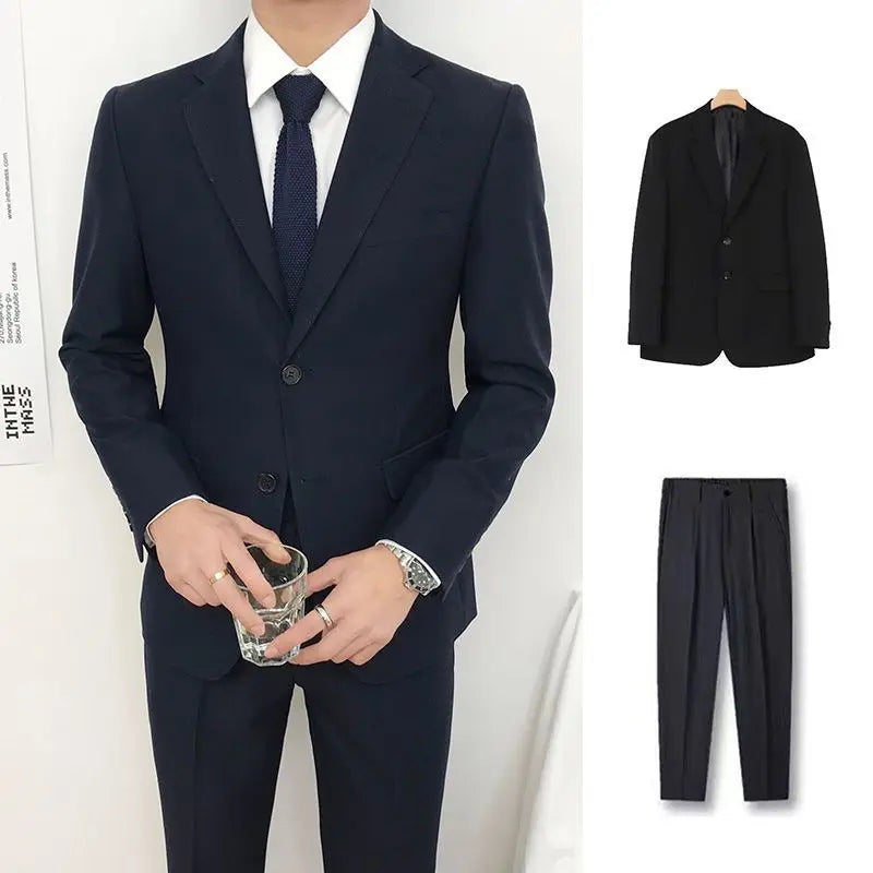 Men Slim Fit Business Casual Suit Set Long Sleeve Blazer Student Youth Formal Two Piece Outfit