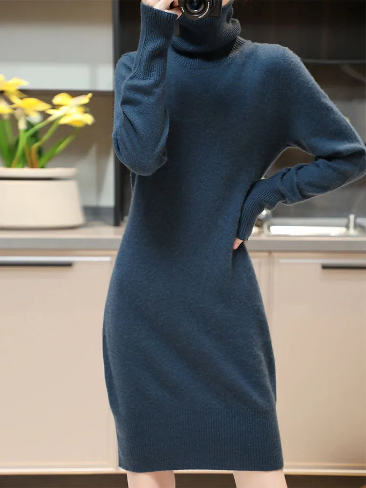 Elegant Cashmere Sweater Womens Dresses 100% Merino Wool Autumn Winter Turtleneck Knitted Dress Female Casual Long-Sleeve Skirts