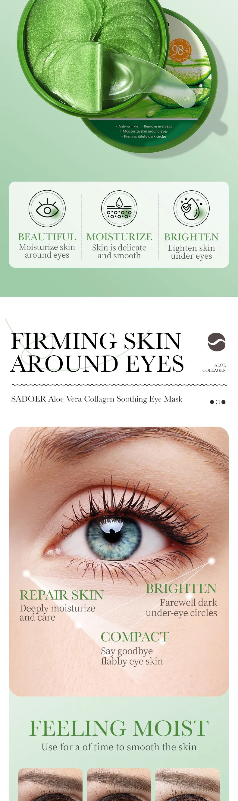 SADOER Aloe Vera Collagen Eye Mask 60pcs Hydrating Moisturizing Firming Reduce Dark Circles Under Eye Pads Skin Care