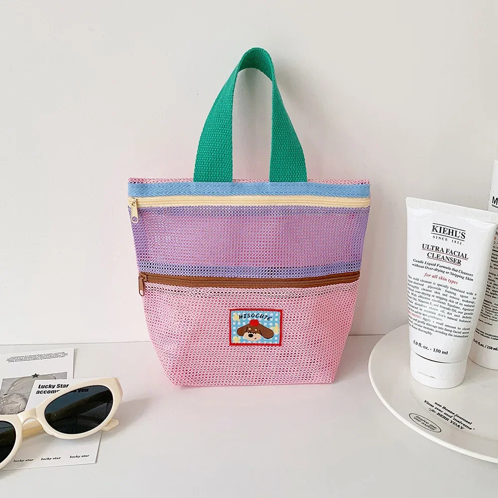 Women's Color-Block Mesh Makeup Bag with Top Handle and Cute Patch Small Cosmetic Pouch for Daily Travel Essentials Storage