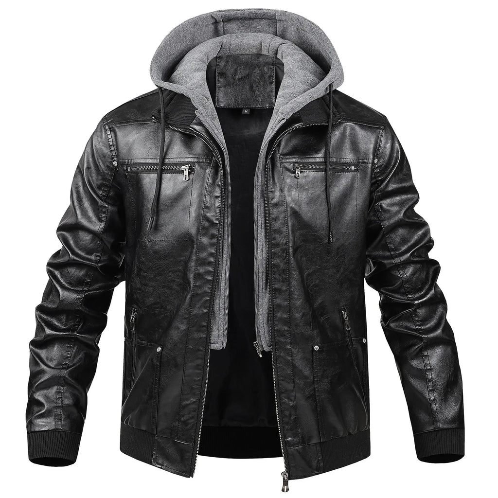 Men Detachable Hood Motorcycle Leather Jackets Quality Male Streetwear Casual PU Leather Coats Two in One Jacket