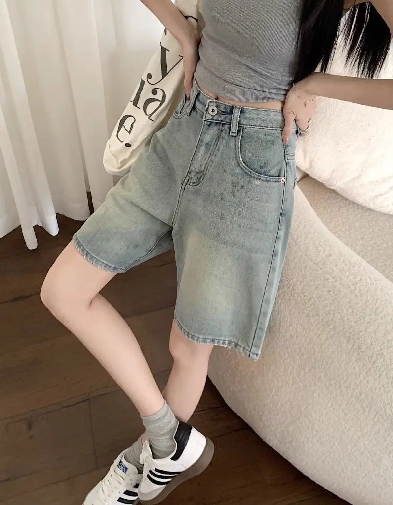 Denim Shorts Vintage High Waist Loose Fit Distressed Design Ins Style Sweet Spicy Girls All-match Casual Summer Streetwear Y2k