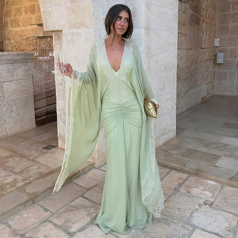Sexy Deep V Neck Lace Trim Chiffon Maxi Gown Elegant Trendy Ruched Waist Mermaid Dress Autumn Chic Party Formal Evening Dresses